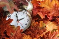 Clock rests in colorful fall leaves