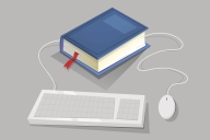 An illustration of a keyboard and a large blue book with a red bookmark hanging out. The cord of the mouse goes through the blue book