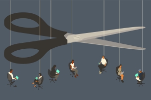 A huge pair of scissors hangs over strings holding up a group of workers 