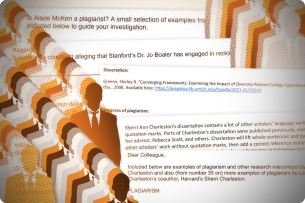 A photo illustration of silhouettes of men transposed over snippets of anonymous complaints against scholars and diversity, equity and inclusion officials. 