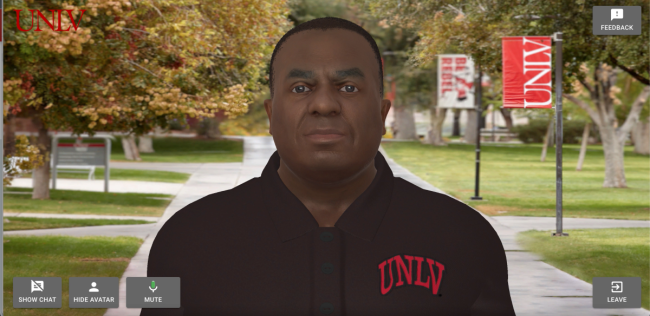 A screen shot of an AI avatar of a Black man on a college campus.